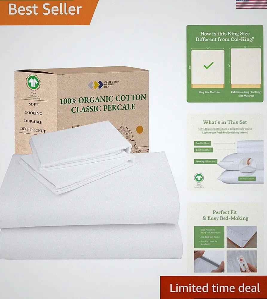 King Size Sheets Set - Soft 100% Organic Cotton, Crisp Percale Sheets with De...
