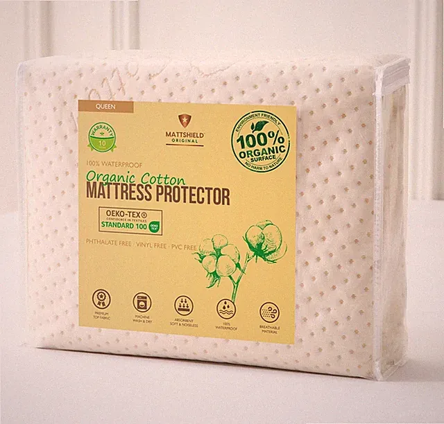 Luxury Waterproof Organic Mattress Protector Queen Size - Organic Cotton Brea...