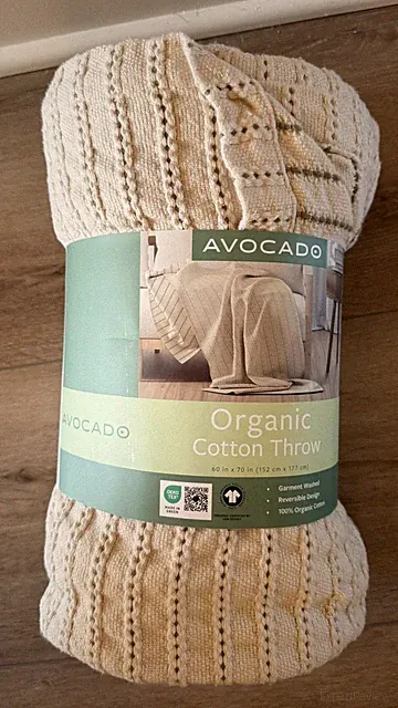 New Avocado Organic Cotton Green Stripe Beige Throw Blanket