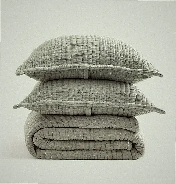 NWOT QUINCE ORGANIC COTTON CHANNEL STITCH COVERLET SET FULL QUEEN GREEN QUILT