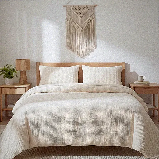 Organic Cotton Muslin Duvet Cover Set Queen Cream GOTS Gauze 90x90 3pc
