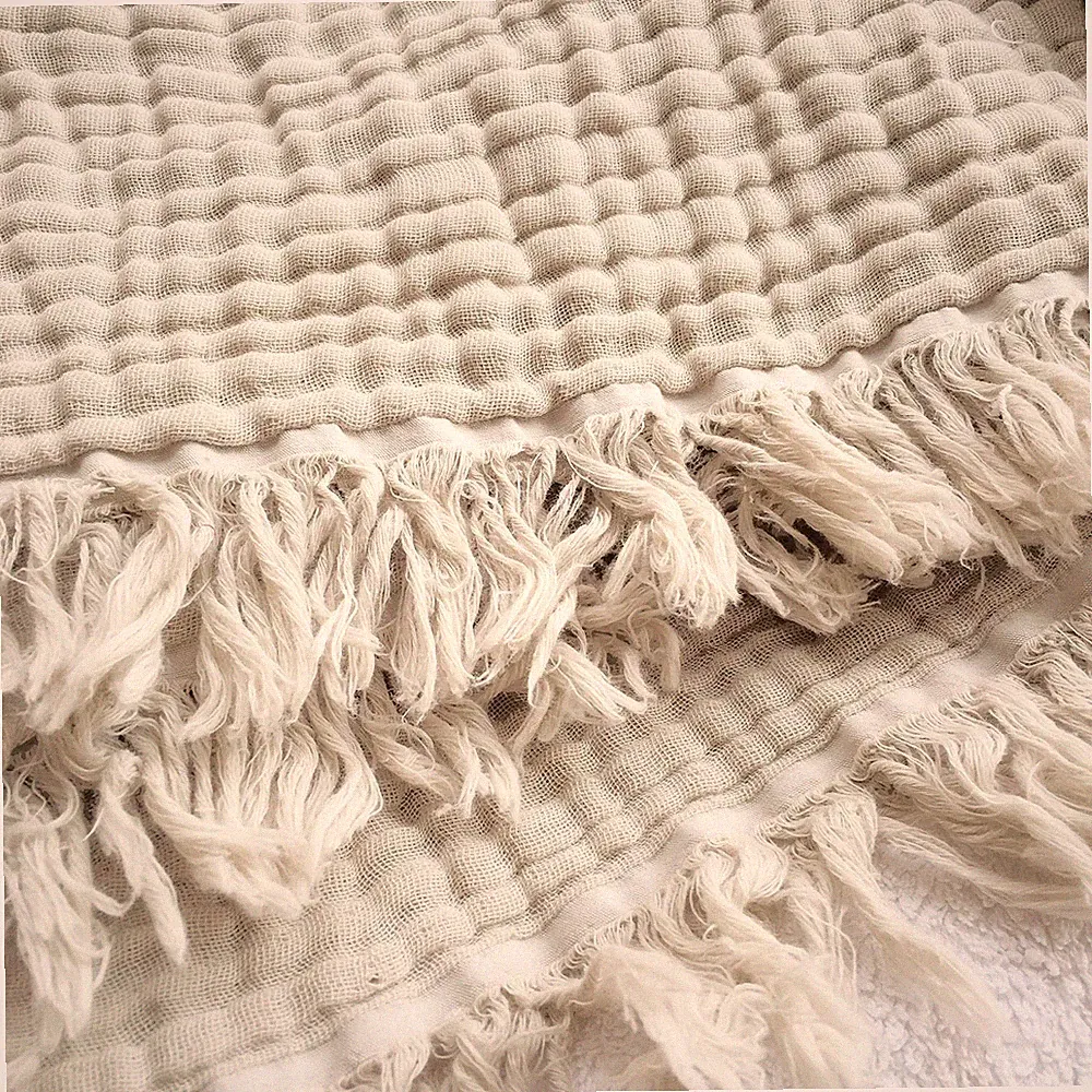 Organic Cotton Oatmeal Khaki Throw Blanket Lightweight Breathable Decorative...