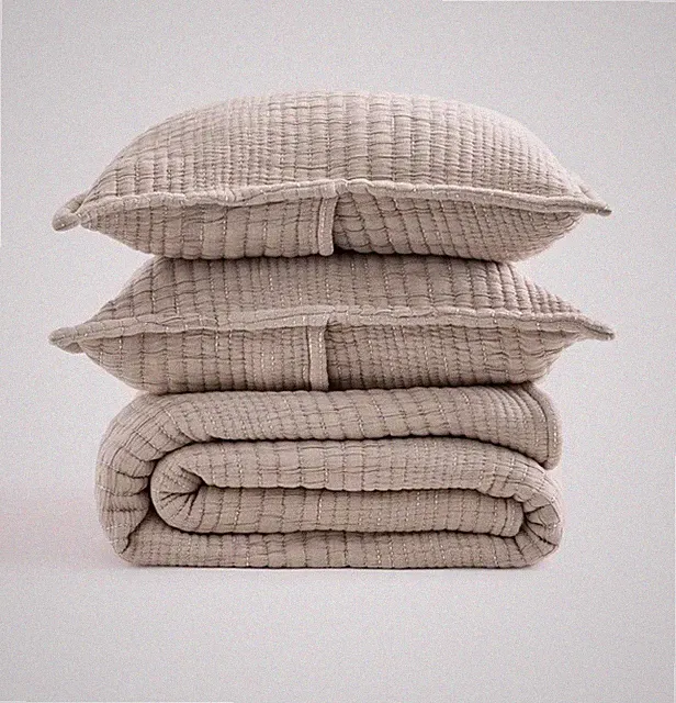 Quince Organic Cotton Channel Matelasse Coverlet Set Full Queen Taupe Open Box