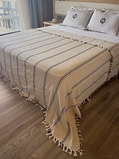 Striped Organic Bedspread King Queen Blanket - Boho Tassel Farmhouse Decor