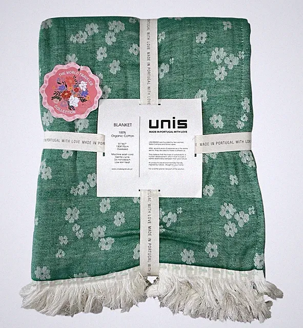 Unis 100% Organic Cotton Blanket Throw Green Floral Yellow Marigold Portugal